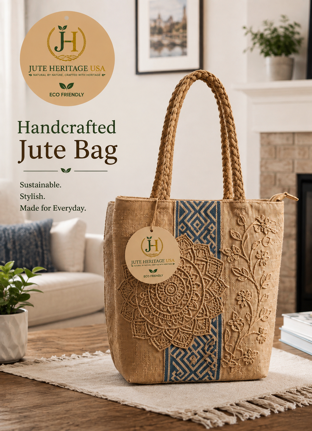 A handcrafted jute tote bag with braided rope handles, standing on a woven rug in a living room setting. The bag features a natural tan jute body with a large embossed floral mandala pattern and a blue geometric stripe on the side.