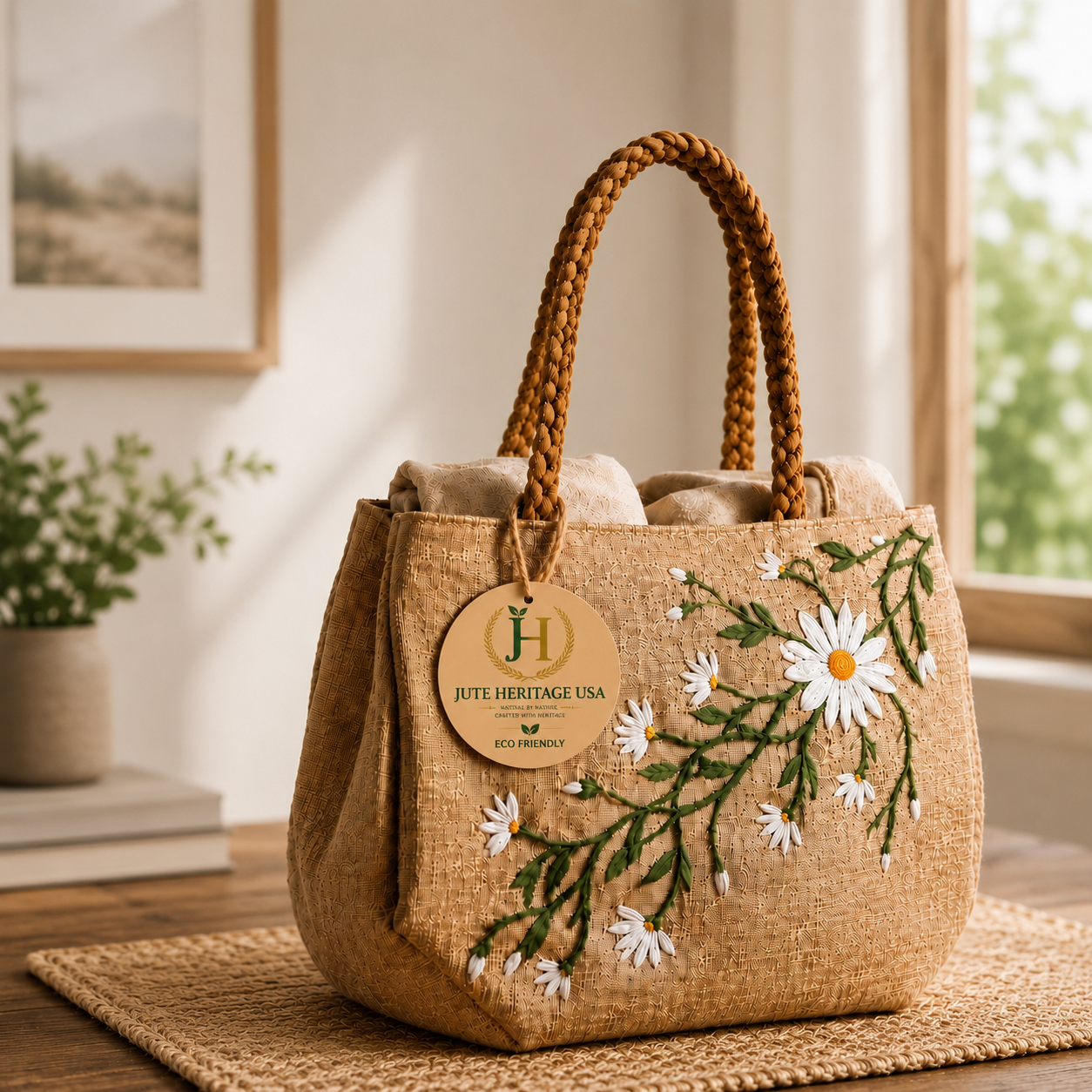 Daisy Floral Jute Bag