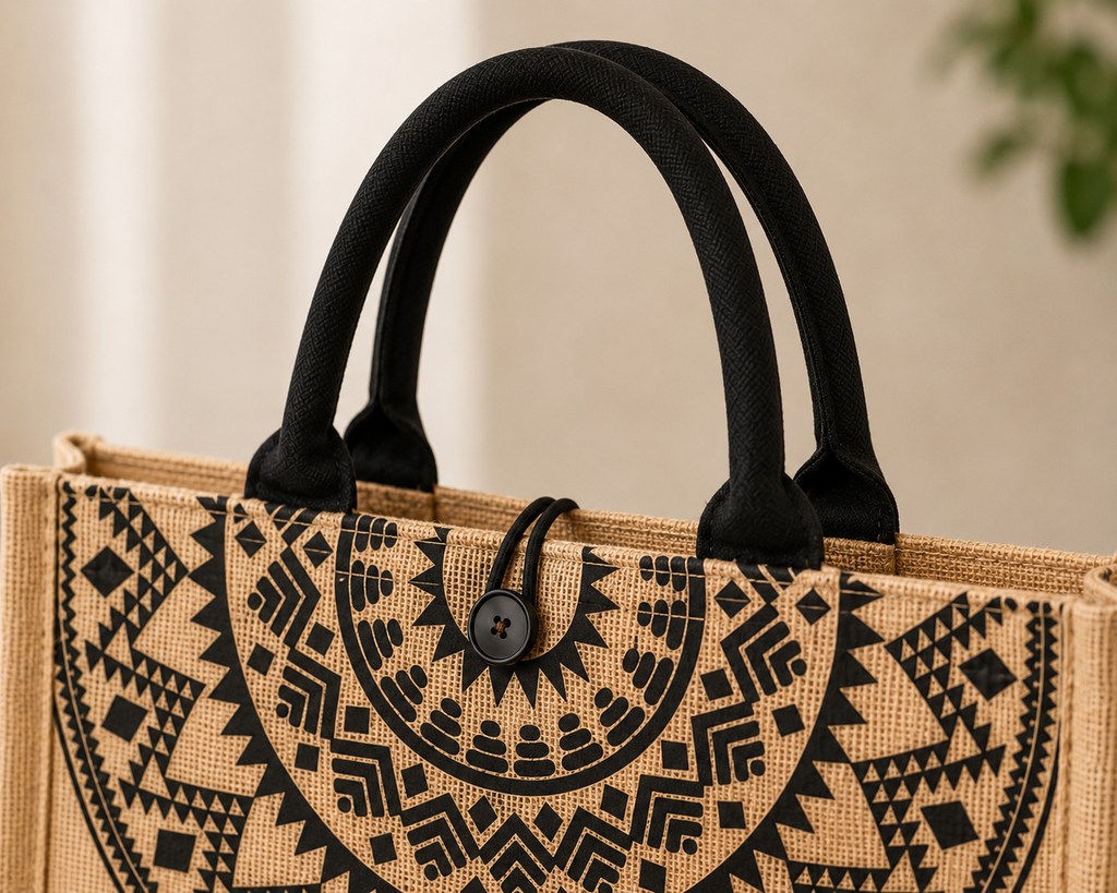 Black Mandala Jute Tote