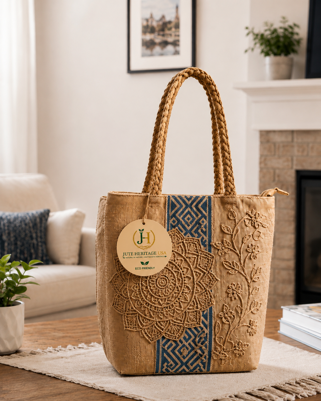 Blue Mandala Floral Jute Bag