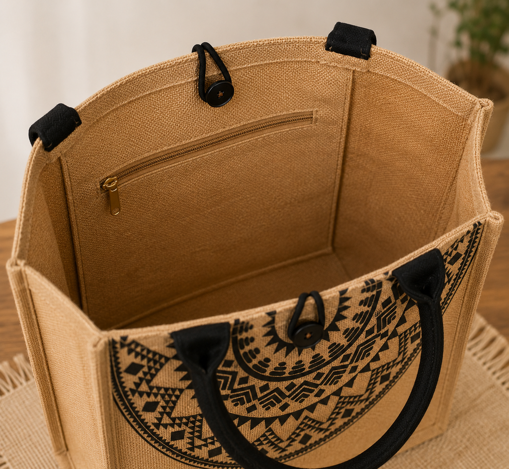 Black Mandala Jute Tote