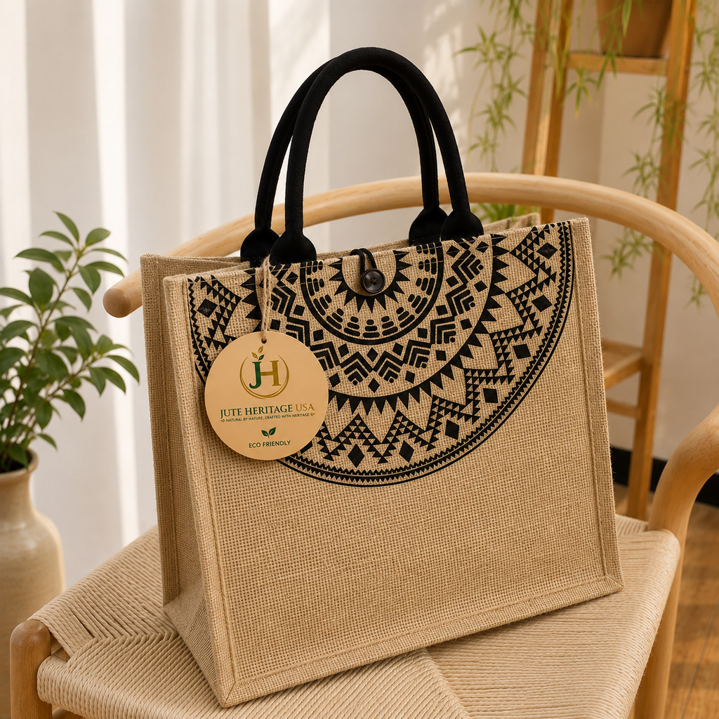 Black Mandala Jute Tote